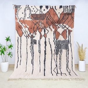 Cream Moroccan Wool Rug – Abstract Hand-Knotted Beni Ourain Carpet – Contemporary Living Room Berber Area Rug Design - Custom Rug Size