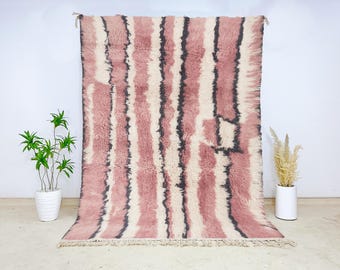 Beni Ourain Wool Rug Cream Blush Pink Black Wavy Stripes, Authentic Moroccan Berber Carpet for Cozy Boho Living Room or Stylish Bedroom