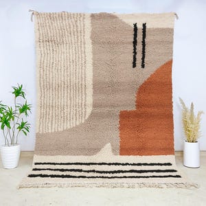 Modern Moroccan Wool Rug, Hand-Knotted Berber Carpet in Beige, Rust & Black, Geometric Plush Rug for Living Room or Bedroom Interiors