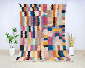 Vibrant Beni Ourain Wool Rug, Multicolor Moroccan Carpet with Bold Abstract Blocks, Plush Cozy Handmade Rug for Eclectic Living Spaces