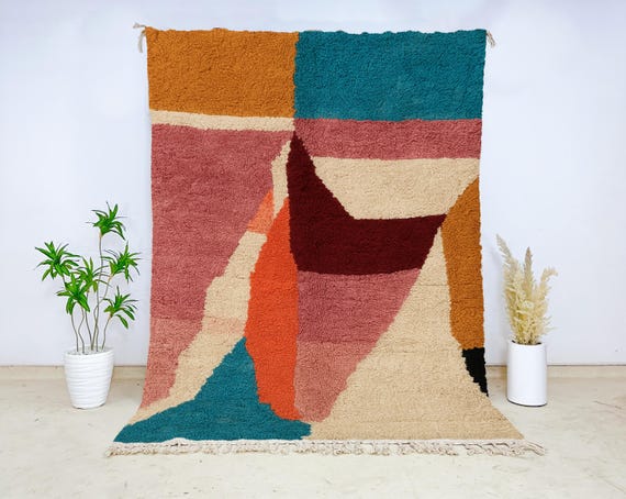 Modern Abstract Wool Rug, Handwoven Moroccan Carpet in Teal Rust Blush Burgundy, Plush Cozy Artistic Area Rug for Boho Living Interiors