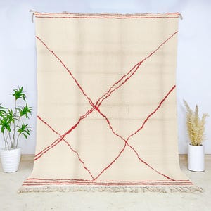Modern Red Beni Ourain Wool Rug, Cream Moroccan Carpet, Linear Tribal Wool Carpet, Hand-Knotted Off White Berber Area Rug for Bedroom