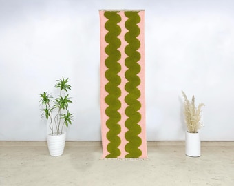 Modern Beni Ourain Wool Runner Rug | Moroccan Hand-Knotted Hallway Carpet with Olive Wave Stripes | Pink Boho Berber Wool Decor