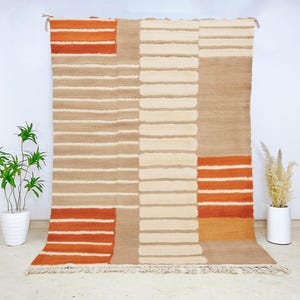 Beni Ourain Wool Area Rug, Modern Striped Berber Carpet, Orange Beige Handmade Moroccan Rug for Living Room, Boho Tribal Floor Decor