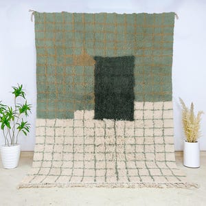 Green Grid Wool Rug Beni Ourain Style, Modern Moroccan Hand-Knotted Cream Carpet, Minimalist Abstract Area Rug for Living or Bedroom