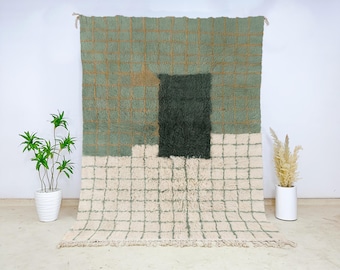 Green Grid Wool Rug Beni Ourain Style, Modern Moroccan Hand-Knotted Cream Carpet, Minimalist Abstract Area Rug for Living or Bedroom