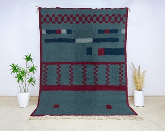 Authentic Beni Ourain Teal Blue Moroccan Wool Area Rug with Geometric Checkered Accents – Hand-Knotted Berber Tribal Decor