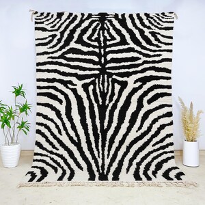 Bold Zebra Stripe Moroccan Wool Rug in Black and Cream, Authentic Berber Beni Ourain Hand-Knotted Carpet for Boho or Safari Interiors