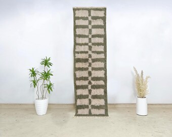 Beni Ourain Wool Runner in Green and Gray, Authentic Moroccan Hall Rug, Handwoven Grid Design Carpet, Soft Boho Entry Floor Accent