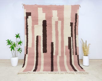 Beni Ourain Blush Pink Wool Rug Abstract Brown Stripes, Handwoven Moroccan Berber Carpet for Cozy Boho Chic Living Room Bedroom Floor Decor