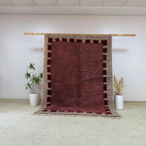 Plush Beni Ourain Area Rug, Handmade Moroccan Wool Carpet, Burgundy and Beige Geometric Pattern, Cozy Bohemian Living Room Home Decor