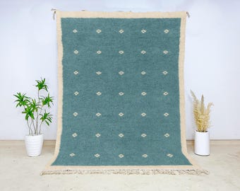 Beni Ourain Moroccan Wool Rug – Hand-Knotted Teal Berber Carpet with Cream Diamond Dots for Boho, Modern, or Coastal Living Room Decor