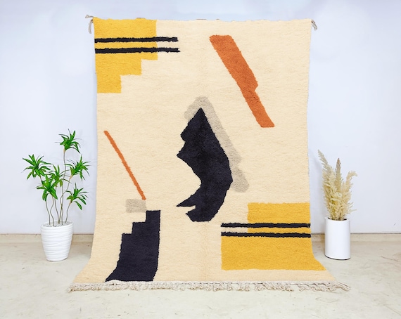 Beni Ourain Abstract Wool Rug, Mustard Black Cream Hand-Knotted Carpet, Modern Moroccan Area Rug for Boho Living Room or Bedroom