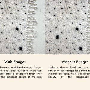Side-by-side comparison of Moroccan wool rugs with and without fringes, showing two finishing options for Beni Ourain hallway runners. Choose fringe for a traditional Berber wool runner rug look, or go fringe-free for a modern, clean-lined wool hallway carpet. Both options maintain plush wool softness, perfect for contemporary boho or Japandi interiors.