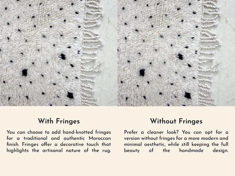 Side-by-side comparison of Moroccan wool rugs with and without fringes, showing two finishing options for Beni Ourain hallway runners. Choose fringe for a traditional Berber wool runner rug look, or go fringe-free for a modern, clean-lined wool hallway carpet. Both options maintain plush wool softness, perfect for contemporary boho or Japandi interiors.