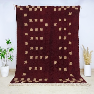 Burgundy Beni Ourain Moroccan Wool Rug, Authentic Hand-Knotted Berber Carpet with Cream Geometric Dots, Plush Area Rug for Modern Decor