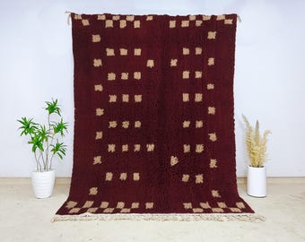 Burgundy Beni Ourain Moroccan Wool Rug, Authentic Hand-Knotted Berber Carpet with Cream Geometric Dots, Plush Area Rug for Modern Decor