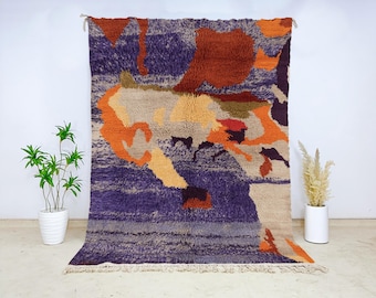 Multicolor Abstract Beni Ourain Wool Rug – Moroccan Handmade Carpet for Living Room – Authentic Colorful  Berber Area Rug in Purple Tones