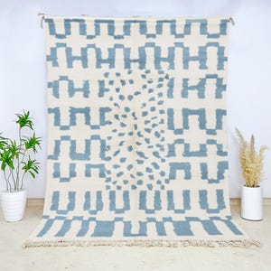 Handwoven Wool Beni Ourain Rug, Cream Blue Geometric Medallion Carpet, Moroccan Berber Style, Cozy Bohemian Living Room Accent