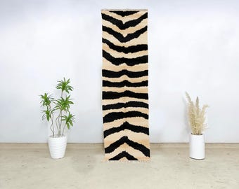 Animal Print Wool Runner Rug, Hand-Knotted Beni Ourain in Zebra Pattern, Berber Hallway Carpet for Entryway or Bold Boho Interiors