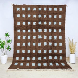 Authentic Berber Beni Ourain Brown Check Wool Rug | Handmade Moroccan Area Carpet | High Quality Plush Grid Wool Decor for Living Room