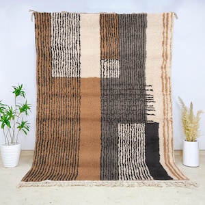 Authentic Beni Ourain Rug in Cream, Brown, and Charcoal – Geometric Moroccan Wool Area Carpet for Living Room or Boho Modern Interior