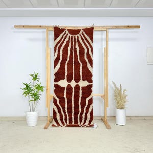 Authentic Berber Runner Rug, Wool Beni Ourain Hallway Carpet, Boho Tribal Floor Decor, Red Abstract Moroccan Hand-Knotted Runner
