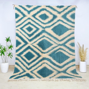 Beni Ourain Wool Rug, Handwoven Moroccan Berber Carpet, Blue Cream Diamond Geometric Pattern, Plush Cozy Area Rug, Boho Home Decor