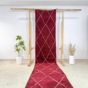 Authentic Red Beni Ourain Runner, Moroccan Wool Hallway Rug, Hand-Knotted Plush Diamond Carpet, Tribal Boho Entryway Accent