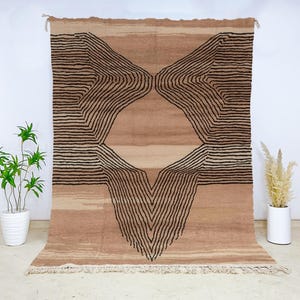 Abstract Geometric Moroccan Wool Rug, Beni Ourain Hand-Knotted Brown and Beige Berber Carpet for Boho, Minimalist, or Modern Interiors