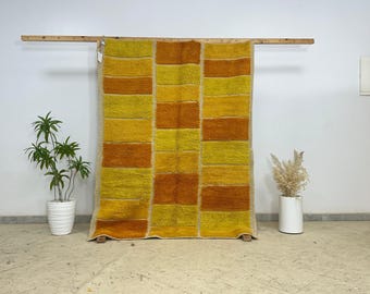 Hand knotted Moroccan wool rug, golden yellow and orange checkered grid design, Berber tribal carpet for living room décor