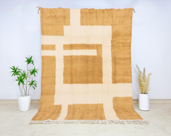 Minimalist Geometric Wool Rug in Camel & Cream, Hand-Knotted Moroccan Berber Carpet with Grid Design, Plush Texture for Modern Interiors