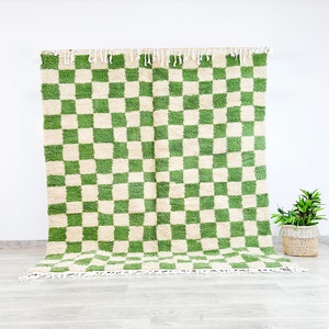 Custom Green and White Checkered Moroccan Rug - Unique Handwoven Design for a Chic Home Decor - Boho Style Living Room or Bedroom