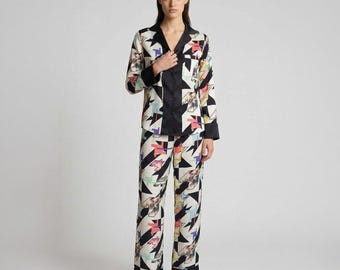 Conjunto de pijama de lujo para mujer en satén viscosa, ropa de dormir con estampado floral, conjunto de descanso de manga larga con botones, pijama suave de verano.