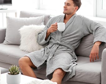 Badrock i 4 lager i muslin, kimono i 100 % bomullsmuslin, lätt och andningsbar morgonrock, mjuk morgonrock för hem och spa