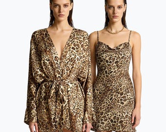 Leopard Print Satin Robe For Women. Luxury Kimono Robe Perfect For Bridal Parties, Bridesmaid Gifts, Honeymoon Wear And Elegant Lounging.