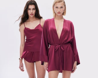 Burgunder Satin Pyjama Set, 3-teiliges Satin Lounge Set, Kimono Robe Set, Brautjungfer Pyjamas, Luxus Nachtwäsche, Geschenk für Sie