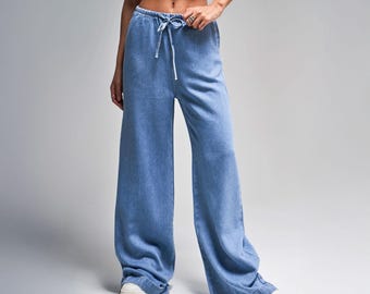 Denim, Pants, Jean Pants, Denim Pants, Girl Denim, High Waist Pants, Wide Leg Pants, Elastic Waist Pants, Pants With Pockets, Casual Dresses