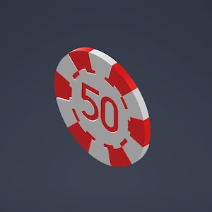 May include: A casino poker chip with a red and white design. The chip has a gray center with the number 50 in red. The chip is set against a dark gray background.