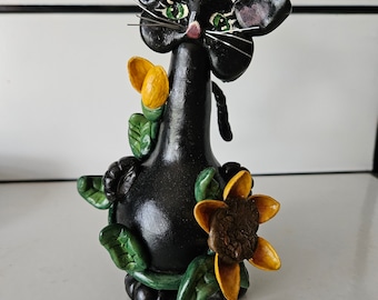 Gourdeous Playfull Black Sculpted Gourd Cat In the Flowers