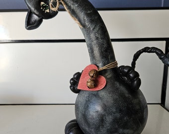 Gourdeous Playfull Black Sculpted Cat with Heart And Rusty Bells