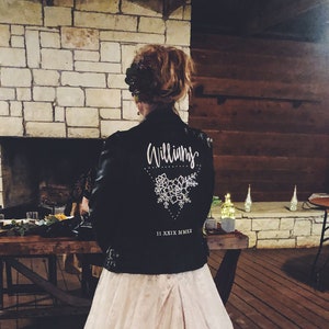 Custom Hand Lettered/Calligraphy Painted Leather Jacket Brides Wedding Leather Jacket Wedding Bachelorette Bride Birthday image 2