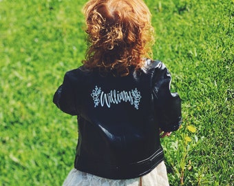 Custom Hand Lettered/Calligraphy Painted Leather Jacket -  Child's Jacket - Wedding - Bridesmaid - Flower Girl - Birthday - Christmas