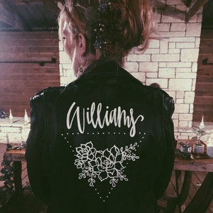 Custom Hand Lettered/Calligraphy Painted Leather Jacket Brides Wedding Leather Jacket Wedding Bachelorette Bride Birthday image 1