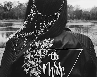 Custom Hand Lettered/Calligraphy Painted Leather Jacket -  Brides Wedding Leather Jacket - Wedding - Bachelorette - Bride - Birthday