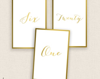 Gold Foil - DIY Printable Table Numbers  - 4x6 - Numbers 1-20 - Calligraphy - Instant Download - Digital Design