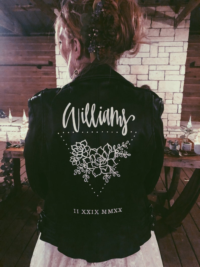 Custom Hand Lettered/Calligraphy Painted Leather Jacket Brides Wedding Leather Jacket Wedding Bachelorette Bride Birthday image 1