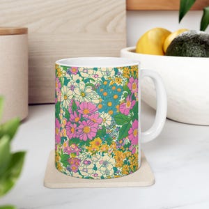 Vintage Floral Ceramic Coffee Mug: 60s Retro Kitchen Decor