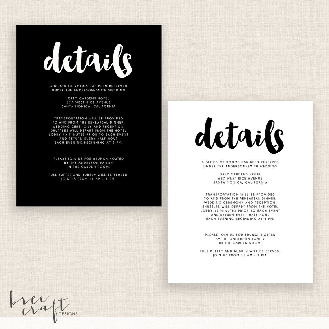 WEIß & SCHWARZ DIY Printable Details Karte Doppelseitig | Etsy