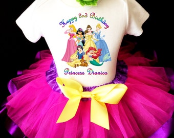 Princess Crown Bright Rainbow Pink Green Yellow Bright Blue 2nd Girl Birthday Tutu Outfit Custom Personalized Name Age Party Shirt Set